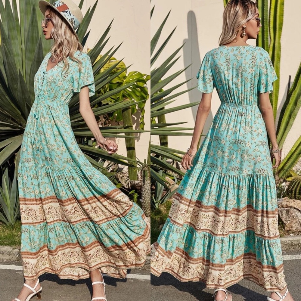 Boho floral print lace up ruffle hem maxi dress